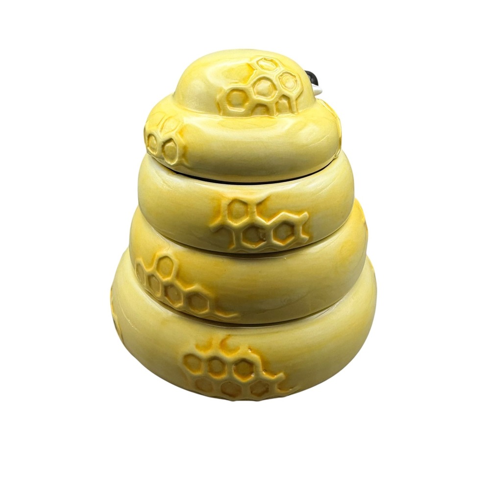 Ceramic Beehive Stacking Measuring Cups Set Yellow Honeycomb Bumblebee 4 Piece - Picture 4 of 9